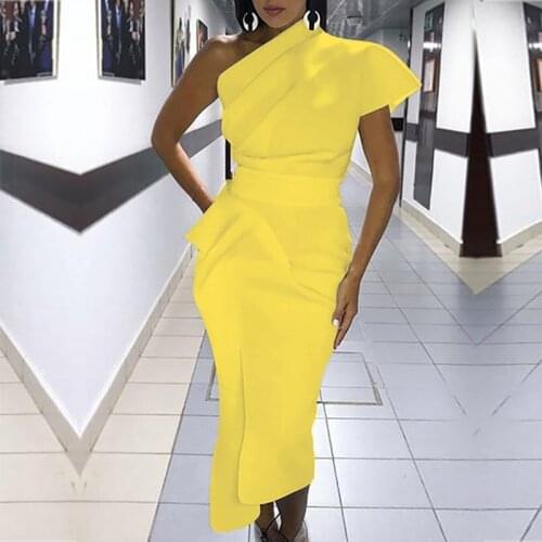 Women Elegant Sexy Solid Yellow Cocktail Midi Dresses Asymmetrical One Shoulder Ruched Formal Party Dress vestiti donna