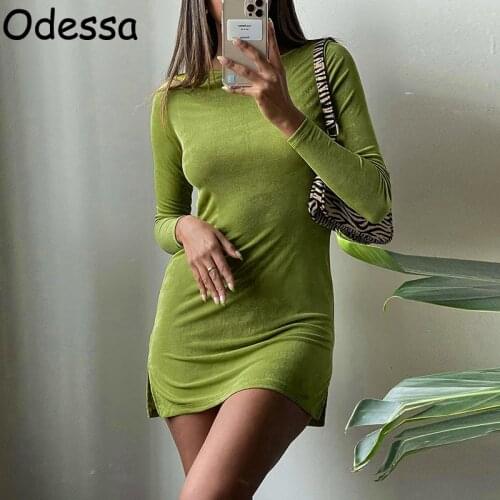 Odessa Long Sleeve Backless Autumn Casual Short Dress Women Green Orange Round Mini Sexy Party Split Lace Up Winter Dresses 2021