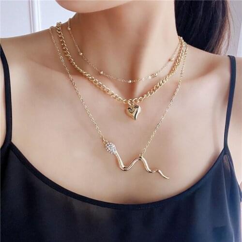 1PC Exaggeration Punk Heart Snake Multilayer Chain Necklace For Women Bohemia Vintage Rhinestone Snake Shape Necklace Jewelry