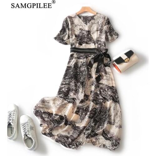 Summer Clothes For Women 2021 Vintage Dress A-line Print Short Sleeve Elegant Sashes Mid-calf V-neck Fashion Women Dresses