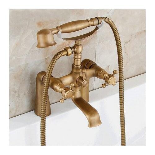 Antique Brass Deck Mounted Dual Cross Handles Bathroom Tub Shower Faucet Set w / Handheld Shower atf023