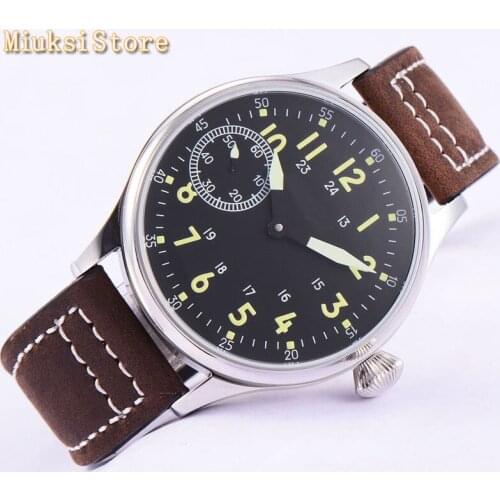 Corgeut 44mm mens leisure vintage watches black dial leather strap hand-winding 6497 movement mens mechanical watch