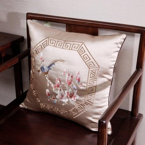 Flower Embroidered Cushion Cover New Chinese Style Grid Birds Waist Pillowcase Silk Sofa Chair Home Decoration Soft Pillow Cover