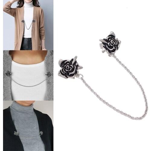 Cardigan Collar Clips Brooch for Women Sweater Blouse Dresses Shawl Chain Clip Vintage Embossed Rose Flower Shirt Buckle Holder