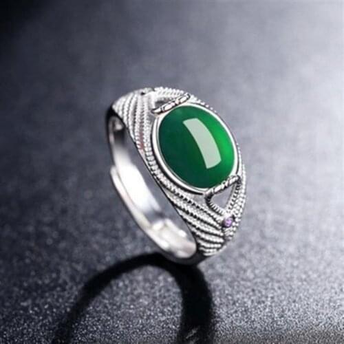 Natural Green Chalcedony Hand Carved Water Drop Ring Fashion Jewelry Mens and Womens 925 Inlaid Adjustable Ring