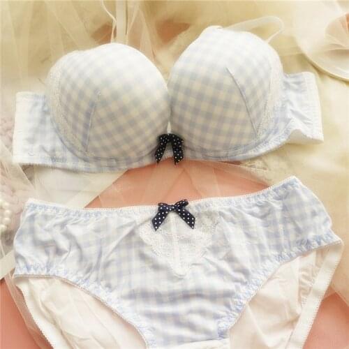 Pink Blue Sexy Japanese Fox Gathered Bra and Panty Set Underwear Women Plaid Seamless Lingerie Cute Kawaii Cup Briefs Panties