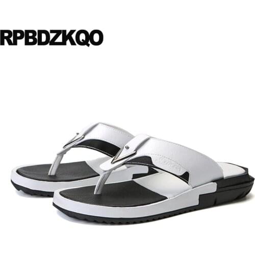 Leather slippers mens sandals 2019 summer outdoor slip on large size shoes flip flop metal white beach native runway slides 45