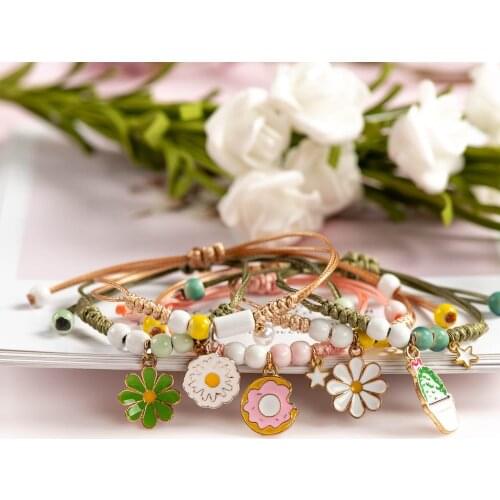Cute Flower Ceramic With Metal Drip Glaze Pendant Bracelet Hand-Wowen Charms Gift Bracelets Bangles Wholesale #XN072
