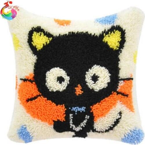 3D Latch Hook Cushion Kits Black Cat DIY Needlework Crocheting Kit Rug Yarn Handmade Unfinished Embroidery Pillowcase AZ251