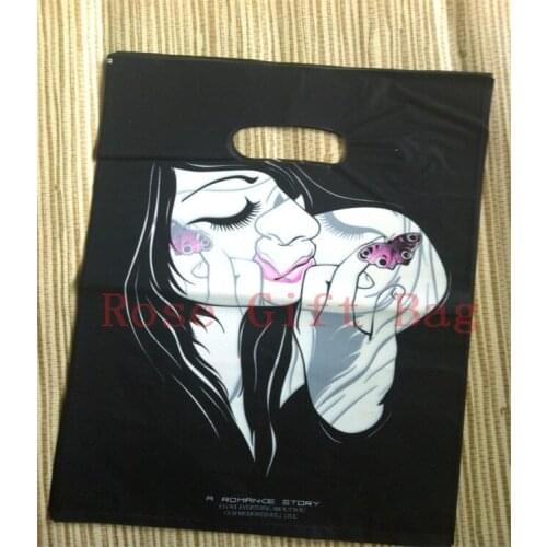 New Fashion 50pcs/lot 25x35cm Lady Print Black Plastic Bag Useful Boutique Clothing Gift Carrier Shopping Bags Free Shipping