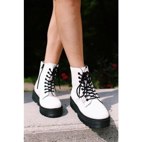 New Women Leather Boots Winter Ankle Boots Casual Ladies Fashion Shoes Women White Botas Mujer Raffi Lace Up Combat Boot
