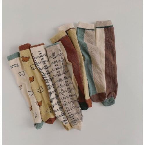 8370 Autumn New Cartoon Check Cubs Childrens Socks Fashion Matching Ab Feet Baby Cotton Socks Bear Checked Style