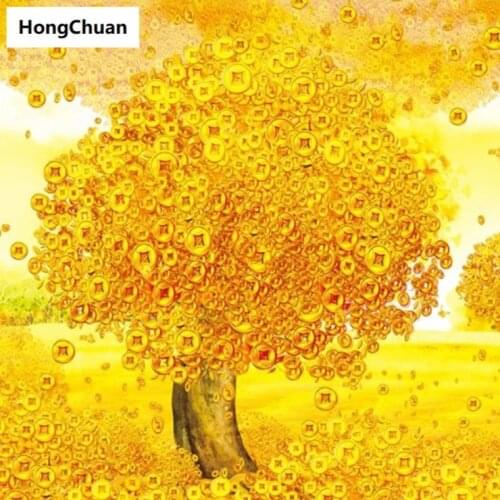Full-width square round 5d diy diamond painting golden lucky tree diamond mosaic crafts diamond embroidery rhinestone decoration