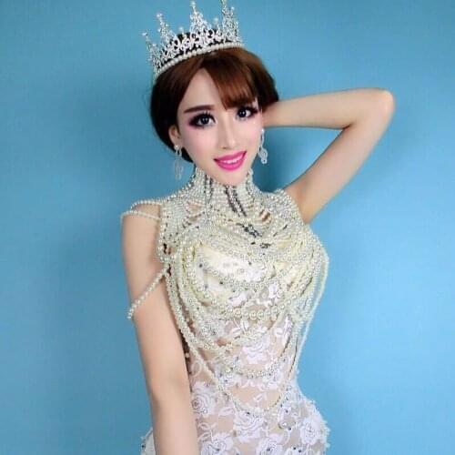 Sexy Dress Wear Pearl Chains Jacket Outfit One Piece Bodysuit Queen Crystal Design Wedding Dj Female Singer Dance Costume