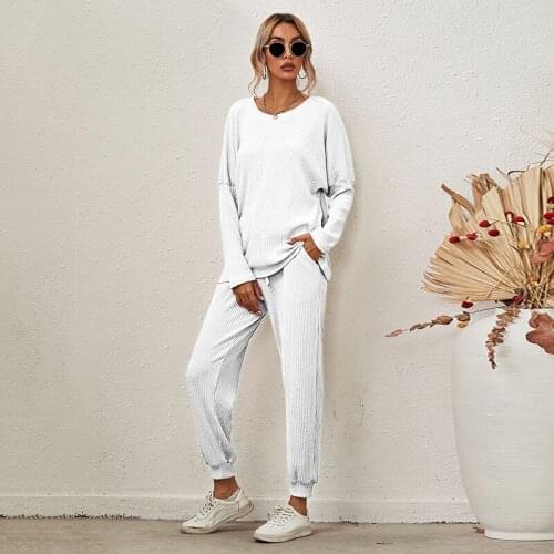 Spring Womens Jogging Suits Solid Color Long-sleeved Round Neck Pullover + Loose Drawstring Pencil Pants Ladies Sportswear