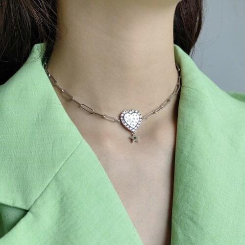 925 Silver Rectangle Link Chain Neck Short Star Necklace Women Girls Love Heart Faux Diamond Vintage Engagement Choker Necklaces
