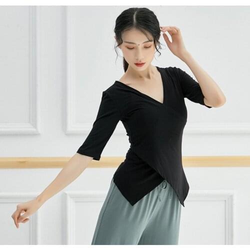 Yoga Tshirt Womens Long-Sleeved V Neck Cross-Neck Latin Casual Dance Tops Modern Dance Yoga Clothes Sportswear Female 2021