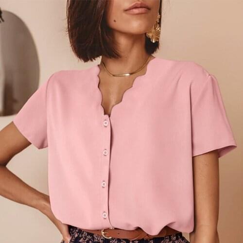 Single-Breasted Flower V-neck Womens Shirts Single Breasted Short Sleeve Pink Elegant Shirt Women 2021 Summer Casual Clothes