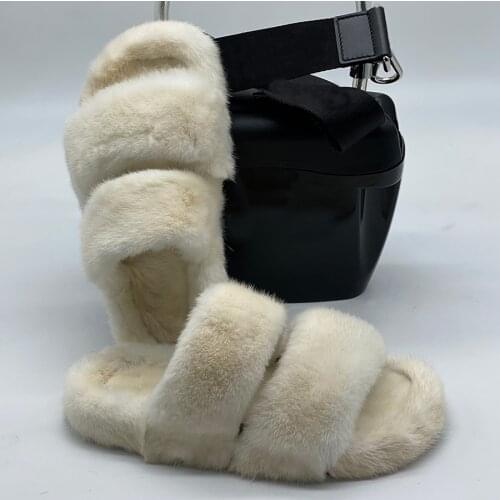 Best Selling Fur Slippers Real Mink Fur Slides Women Summer Fashion Flat Sandals Furry Open Toe Slides