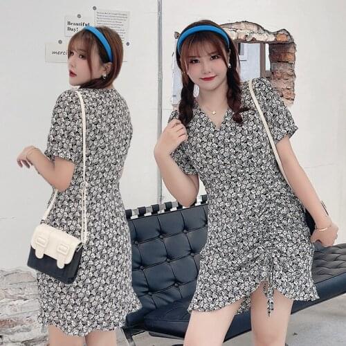 Plus size womens summer new fat MM sweet fairy V-neck drawstring shaking skirt dress