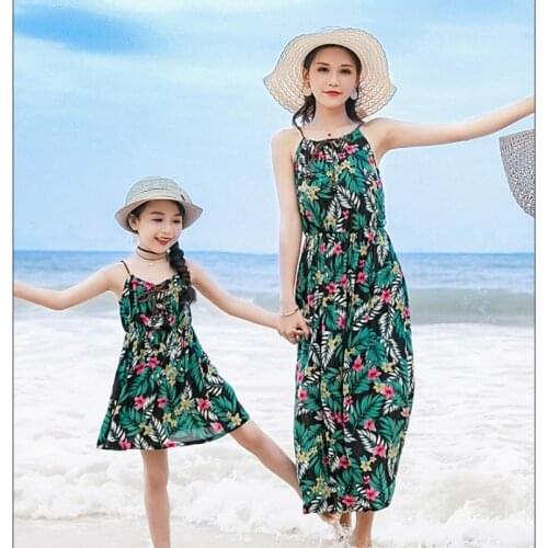 Women Sexy Summer Floral Prin Parent-child Dress Sleevele Backless Ladies Long Boho Party Loose Beach Dresses