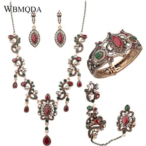 4Pcs/lot Boho Turkish Jewelry Sets Vintage Red Necklace Bracelet Earrings Ring Set Indian Crystal Antique Gold Wedding Jewellery