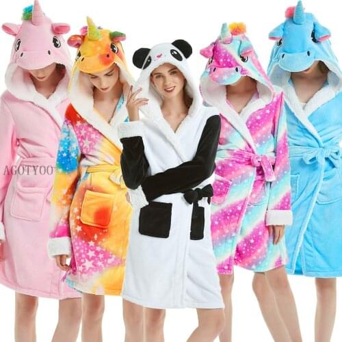 Adults Animal Flannel Unicorn Bath Robe Sleepwear Women Men Long Sleeve Bathrobe Cute Cartoon Robes Winter Unisex Pajamas