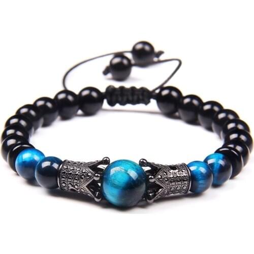 Tiger Eye Bracelet Men Braided Bracelet Adjustable CZ Crown Charms 8MM Gemstones Good Luck Bracelet Jewelry Gifts Drop Shipping