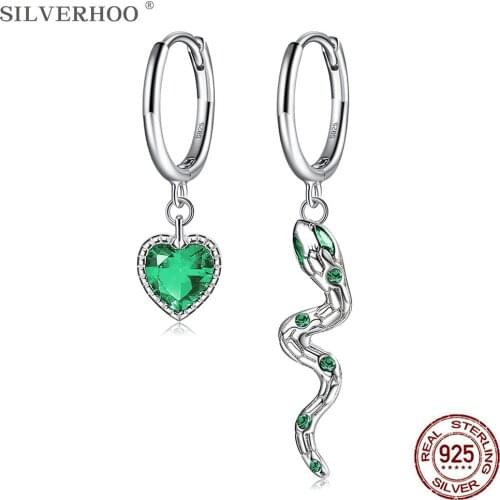 SILVERHOO 925 Sterling Silver Drop Earrings For Women Pretty Green Heart Fine Jewelry Wave Snake Female Earring Hot Selling Gift