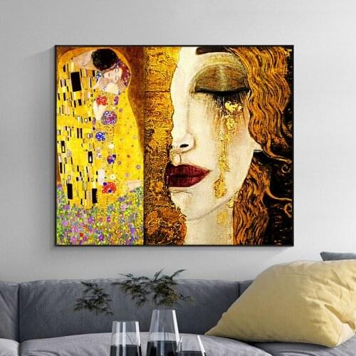 Classic Artist Gustav Klimt Tear And The Kiss Abstract on Canvas Posters and Prints Art Wall Pictures For Living Room Cuadros
