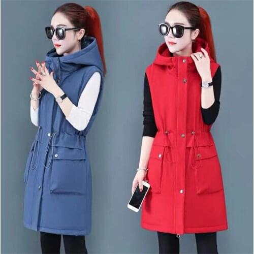 Korean Winter Warm Parkas Solid Casual Womens Waistcoat Coat Plus Size Slim Long Vest Jackets Female Hooded Sleeveless Jacket