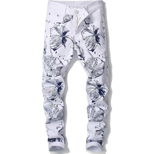 Floral New Fashion Flower Digital Print Jeans Mens Punk Rock Nightclub Elastic White Skinny Casual Pants Trousers #906