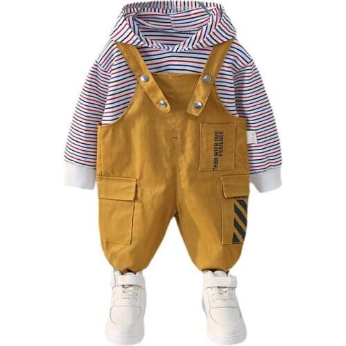 Baby Girls Sling Hooded Set Spring Autumn 2021 Girl Clothing Sets Stripe Long Sleeve +Sling Trousers 2-Pce Children Clothes Suit