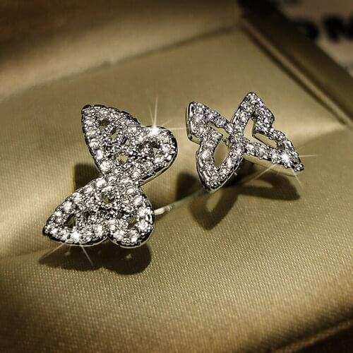 Adjustable Silver Color Butterfly Rings with Bling Zircon Stone for Women Wedding Engagement Fashion Jewelry