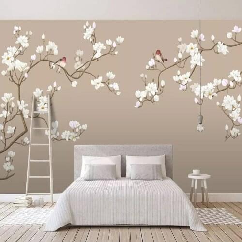 European Style Hand-painted Magnolia Flower Bird Mural Wallpaper Living Room TV Background Wall Stickers Self-Adhesive Wallpaper
