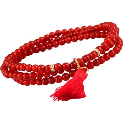 SUNYIK Red Carnelian Beaded Layers Tibetan Buddhist Bracelet with Tassel