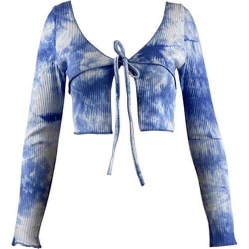 Crop Top Tie-dye Skin-friendly Women Sexy Knitted V Neck Shirt for Spring Summer
