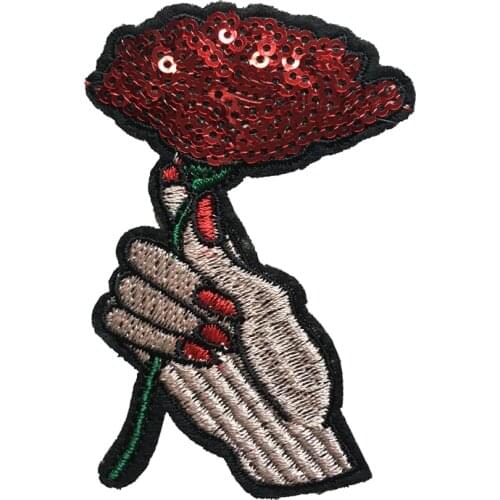 Iron on Patches for Clothes DIY Flower Rose in Hand Sequined Patch Iron on Patch Floral Motif Embroidery Appliques Art 10PCS/lot