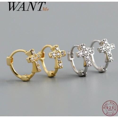 WANTME Ethnic Religion Simple Zircon Cross Stud Earrings for Fashion Women Genuine 925 Sterling Silver Unisex Party Jewelry Gift