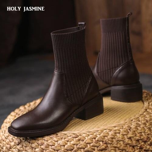 2021 Autumn Winter Chelsea Boots Women Ankle Boots Fashion Concise Square Toe Thick Heel Genuine Leather Shoes Woman Office Lady