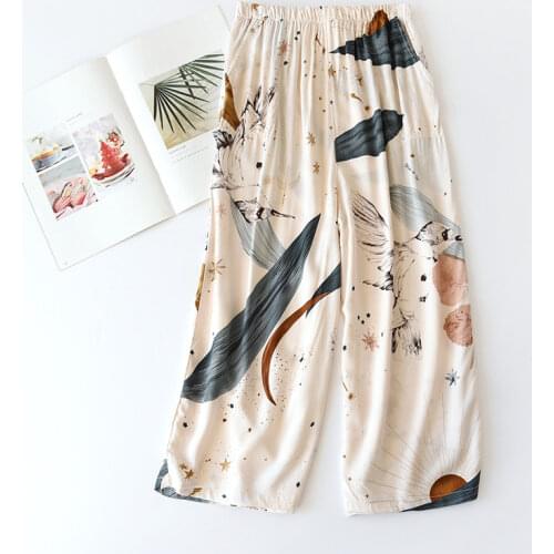 Summer Sleep Bottoms for Women Viscose Print Loose Sleepwear Elastic Waist Pajama Pants Thin Cool Calf-Length Pants 18 Colors