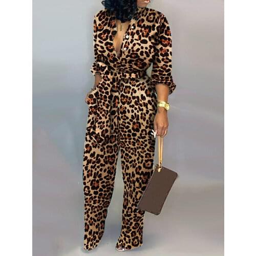 Leopard Tied Waist Long Sleeve Jumpsuit Women Rompers Fashion One Piece Overalls Casual Jumpsuits Streetwear Dropshipping