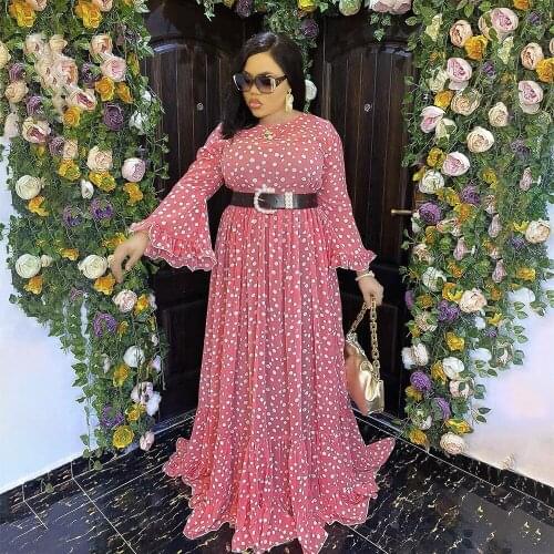 Womens Plus Size Dress Lolita Fresh and Sweet Two-piece Polka Dot Trumpet Sleeve With Belt