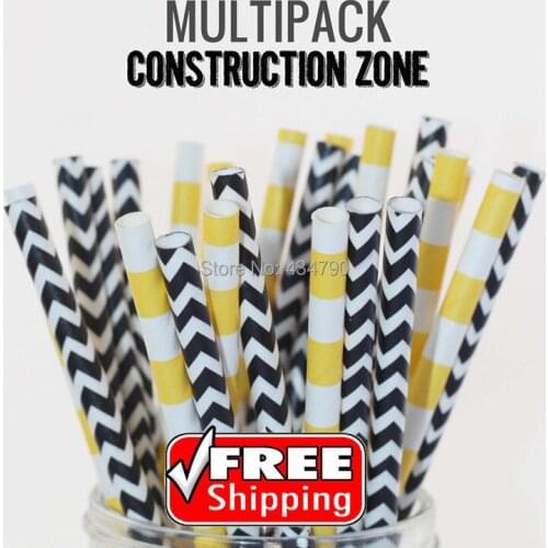 200pcs Mixed 2 Designs Construction Zone Retro Paper Drinking Straws, Black and Yellow Striped, Chevron, Party Decorations