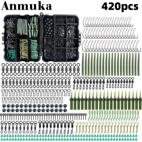 420Pcs/Box Carp Fishing Tackle Kit Including Swivels Hooks Anti Tangle Sleeves Hook Stop Beads Boilie Bait Screw Accessories