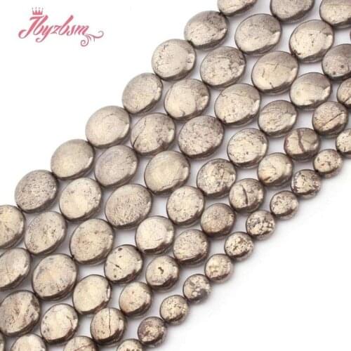 8.10.12mm Natural Coin Pyrite Smooth Loose Beads Natural Stone Beads for DIY Women Necklace Bracelet Jewelry Making Strand 15"