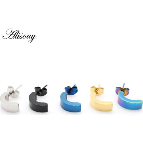 Alisouy 2pcs Fashion Punk Gothic Stainless Steel Black Blue Gold Color Moon Ear Stud Earring Women Men Unisex Piercing Jewelry