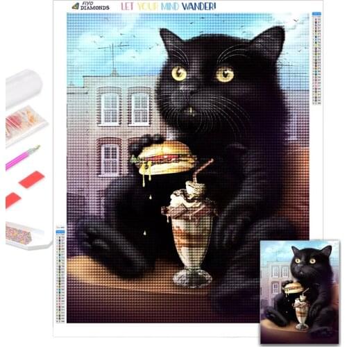Diamond Painting Cat Eating Hamburg Diamond Embroidery 5D DIY Mosaic Animal Picture of Rhinestone Cross Stitch Kits Home Decor