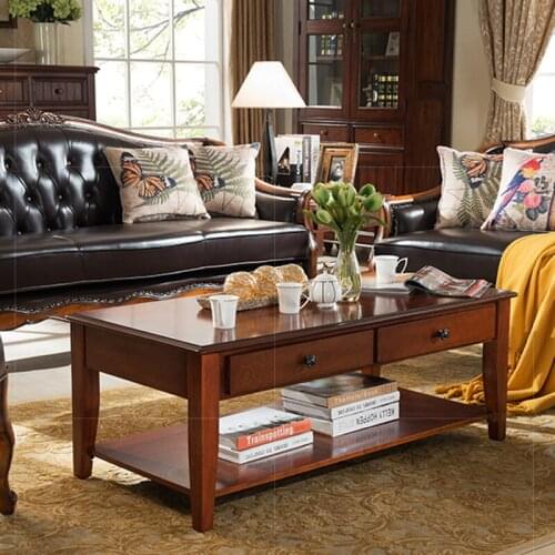 American home solid wood tea table, European retro living room double coffee table, simple tea table