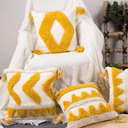 Boho Yellow Tufted Throw Pillow Case with Tassel Morocan Woven Textured Geometric Square Decorative Cushion Cover for Couch Sofa